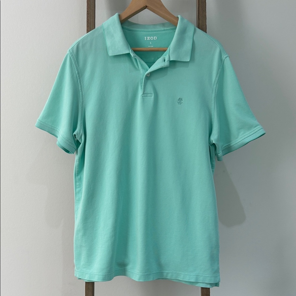 IZOD Polo Knit Shirt Men's Large Light Mint Green Collared Short Sleeve Casual